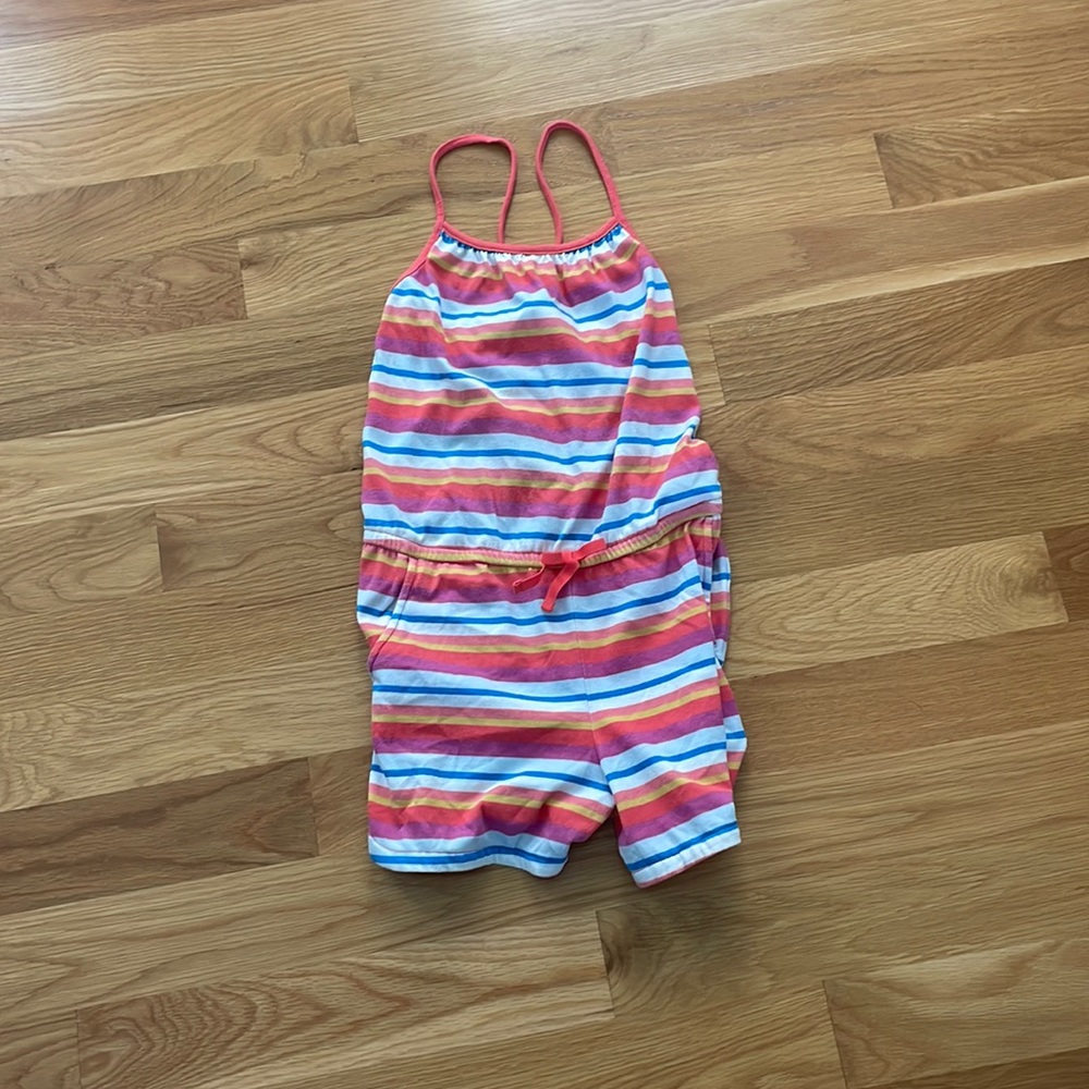 pink yellow and blue stripes romper.